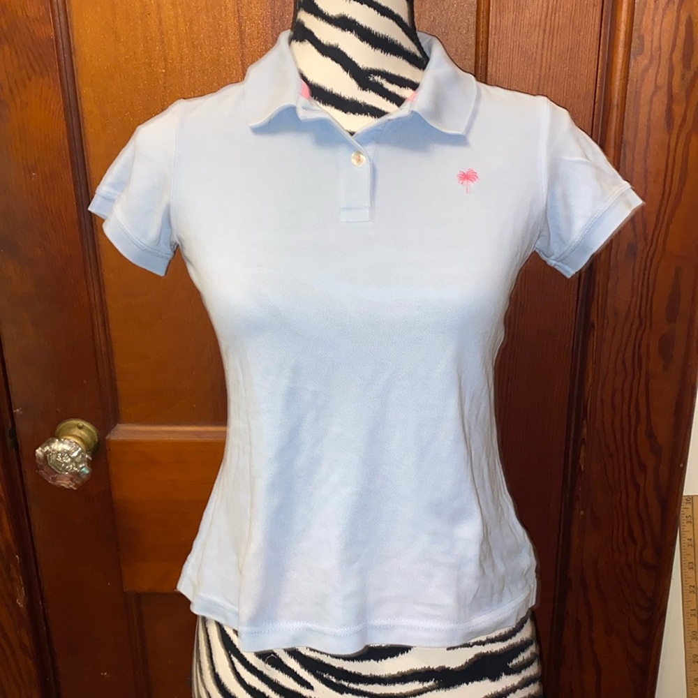 Lilly Pulitzer light blue polo with pink Palmetto tree size extra small